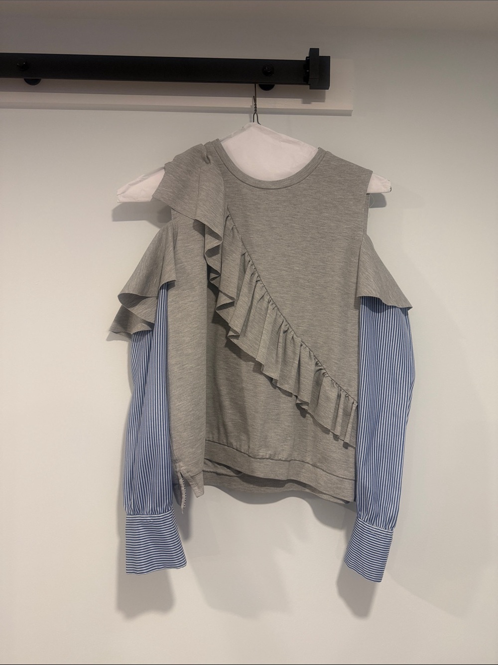 DO+BE Gray Cold-Shoulder Ruffle Sweatshirt with Blue Stripe Sleeves